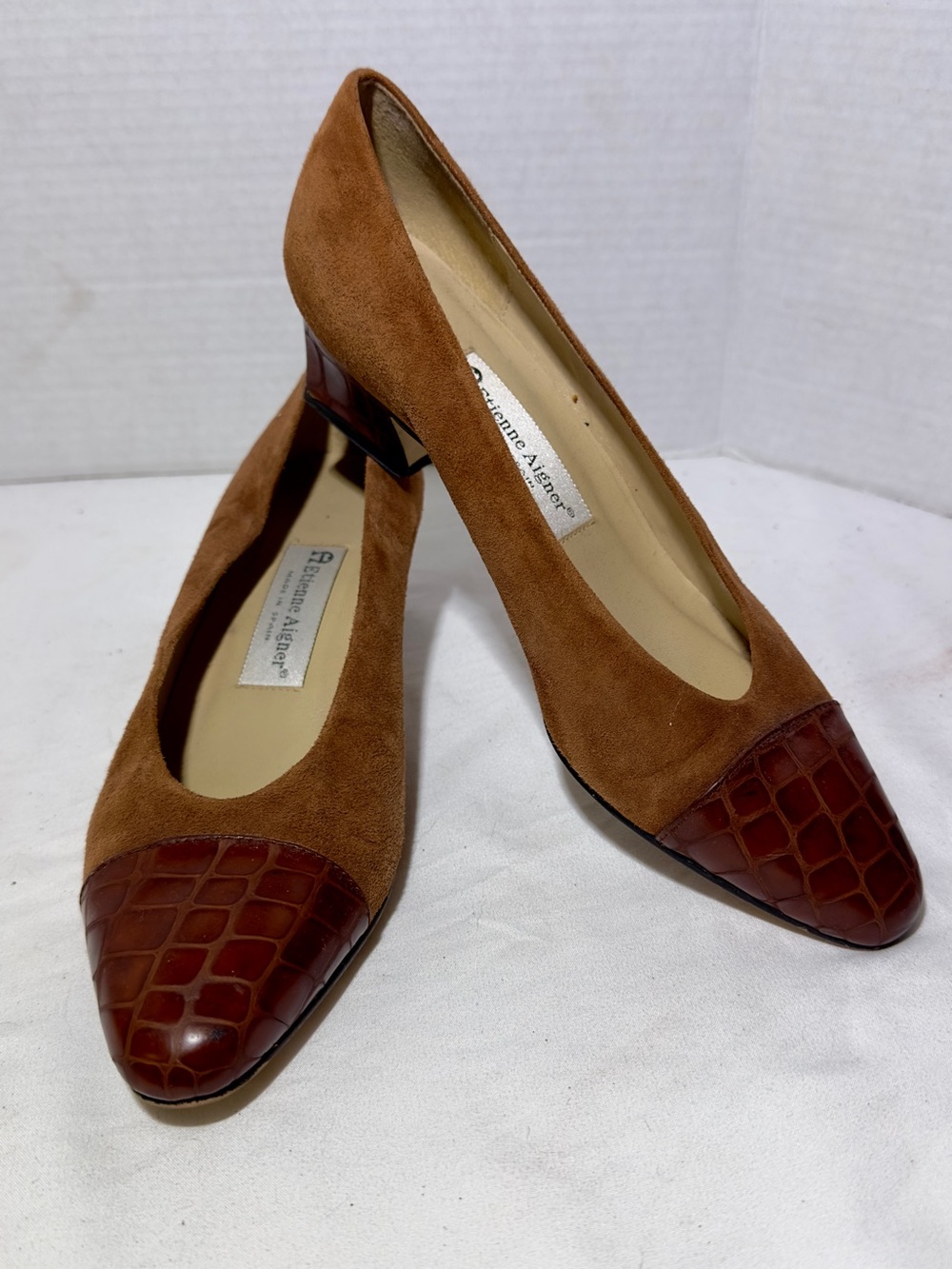 Etienne Aigner Ann Marie Brown Suede Croc-Textured Leather Pumps Heels 7.5M